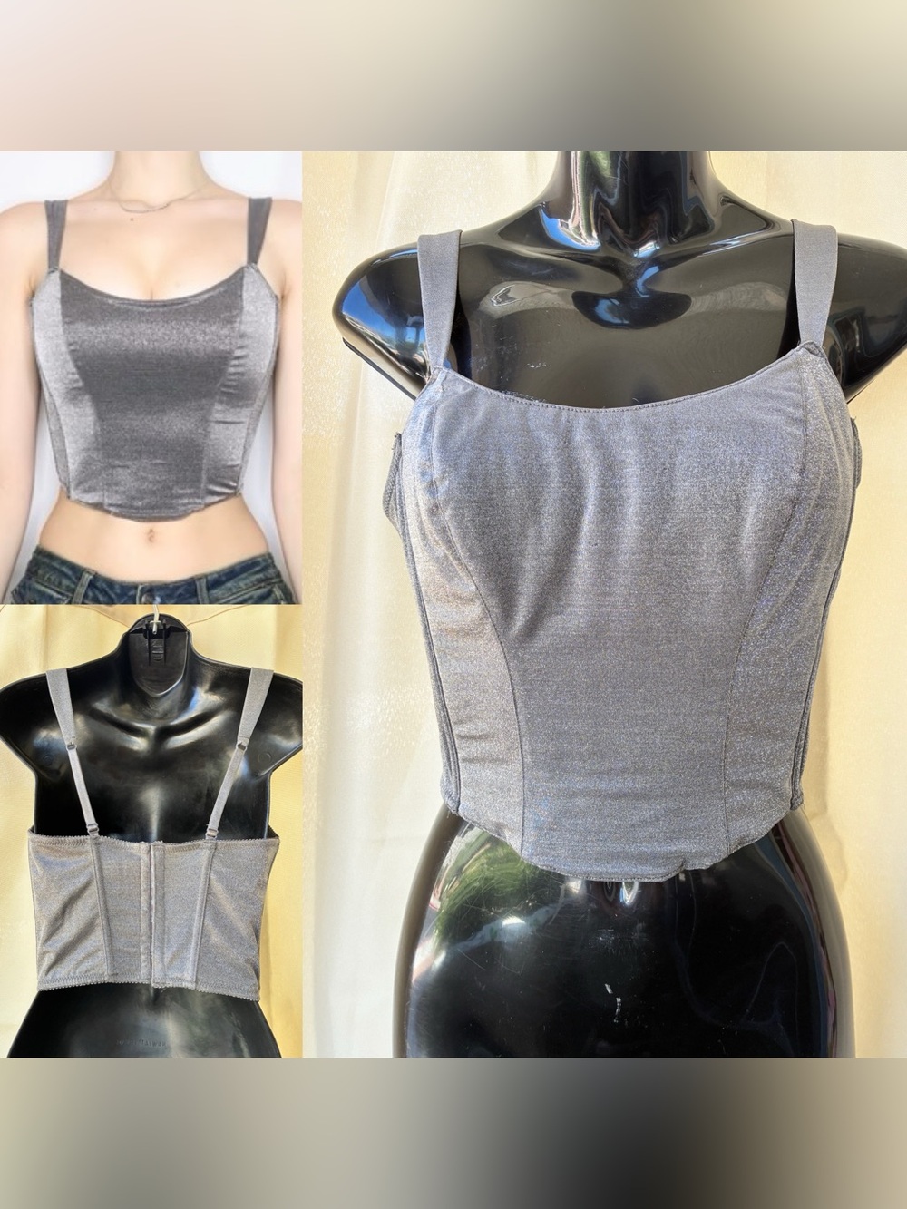 Vintage 90S Victoria’s Secret GOLD LABEL Silver Shimmer Corset Top Bustier 34 M